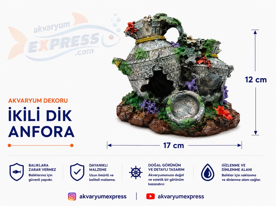 İKİLİ DİK ANFORA AKVARYUM DEKORU YAVRU BALIK SAKLANMA YERİ