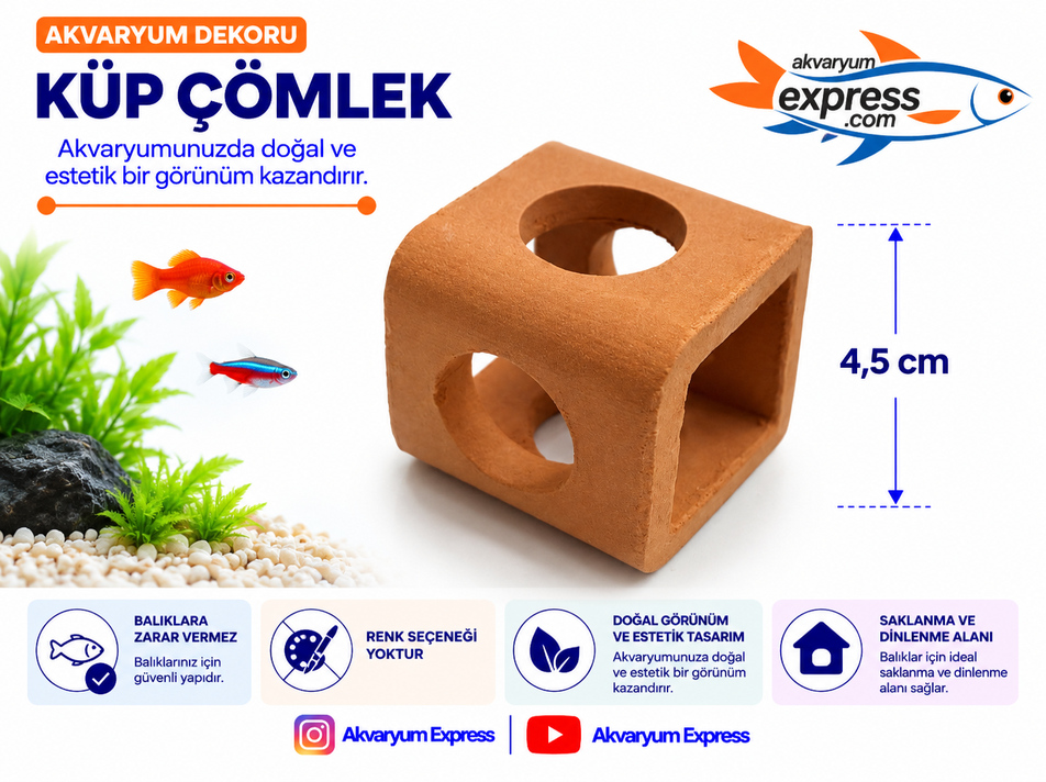MİNİ KÜP ÇÖMLEK AKVARYUM DEKORU YAVRU BALIK SAKLANMA ALANI