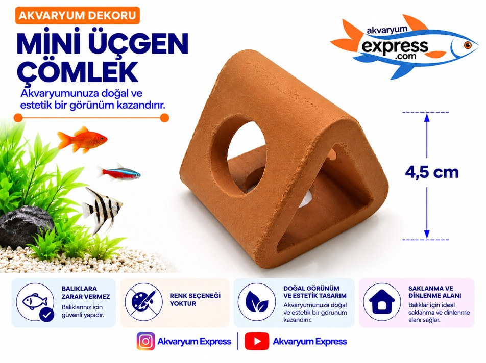 ÜÇGEN MİNİ ÇÖMLEK AKVARYUM DEKORU YAVRU BALIK SAKLANMA ALANI