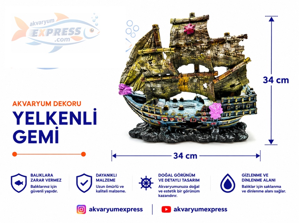 YELKENLİ BÜYÜK GEMİ AKVARYUM DEKORU (Mağazadan satılır)